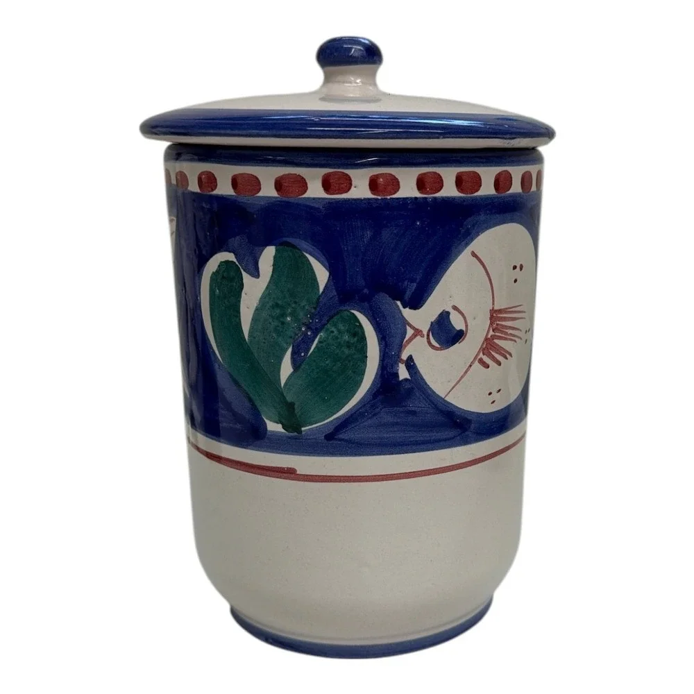 Solimene Vietri Campagna Pesce/Fish Italy Blue Ceramic Kitchen Canister 7.5